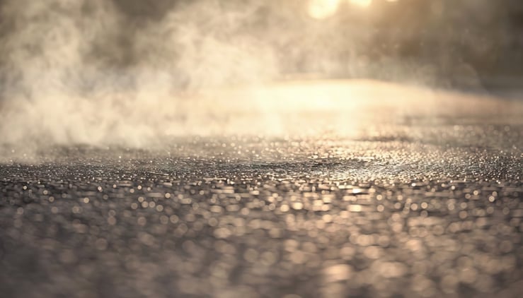 close up of hot asphalt pavement with steam rising off the surface and sunshine in the background