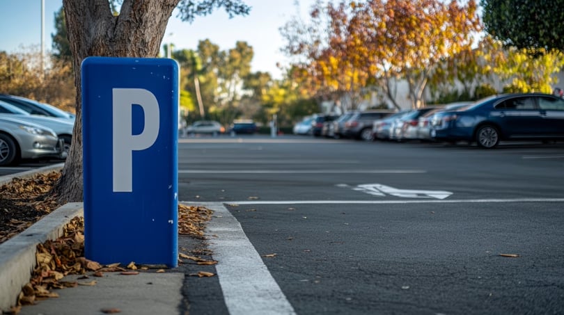 well-maintained commercial parking lot during the fall season with blue parking sign in foreground