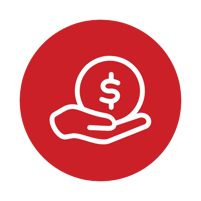 red circle graphic with white icon of money symbol in hand