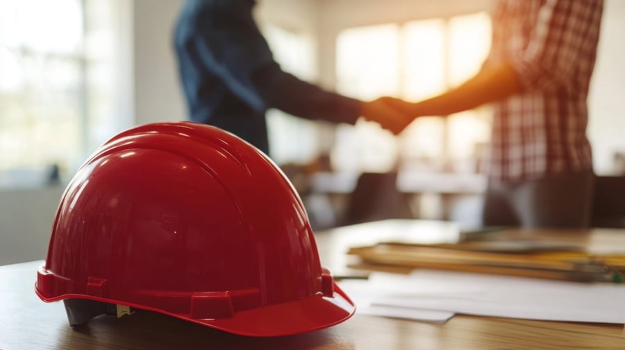 red hard hat sitting on table top with two men shaking hands in the background