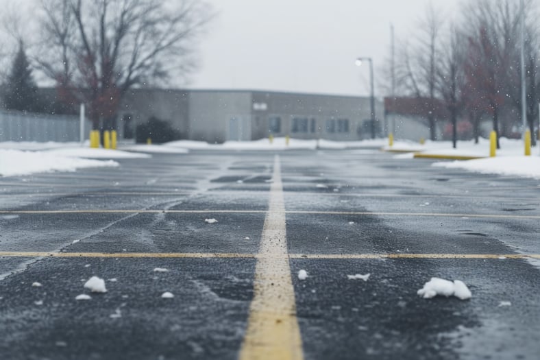 close up of line stripping on a recently snowplowed parking lot with a commercial business or facility in background with snow along the edges and flurries coming down.