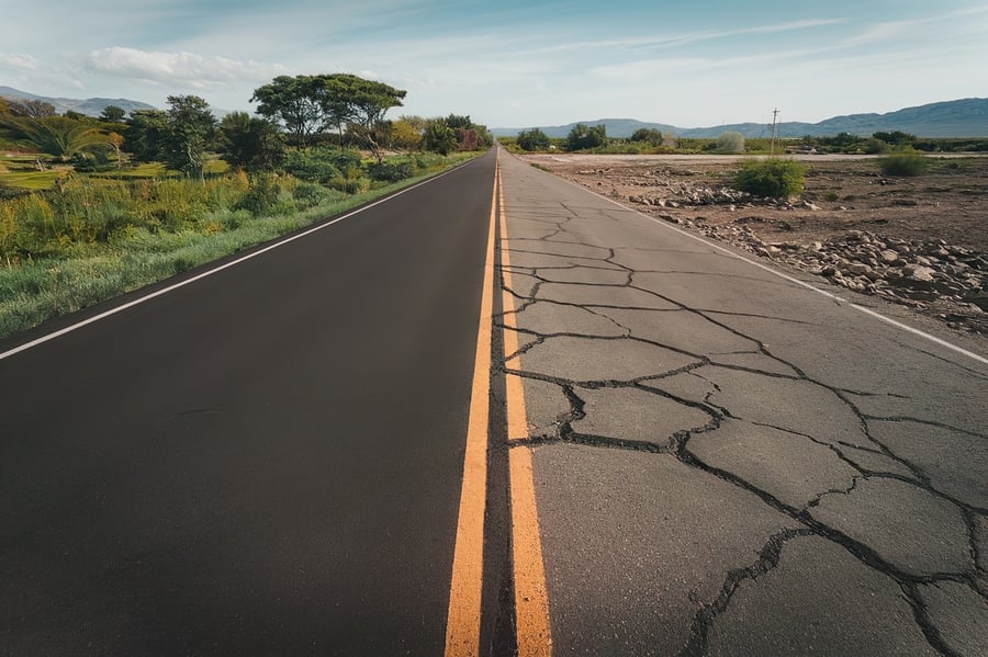 long split road with new asphalt pavement on one side and old cracked pavement on opposite side