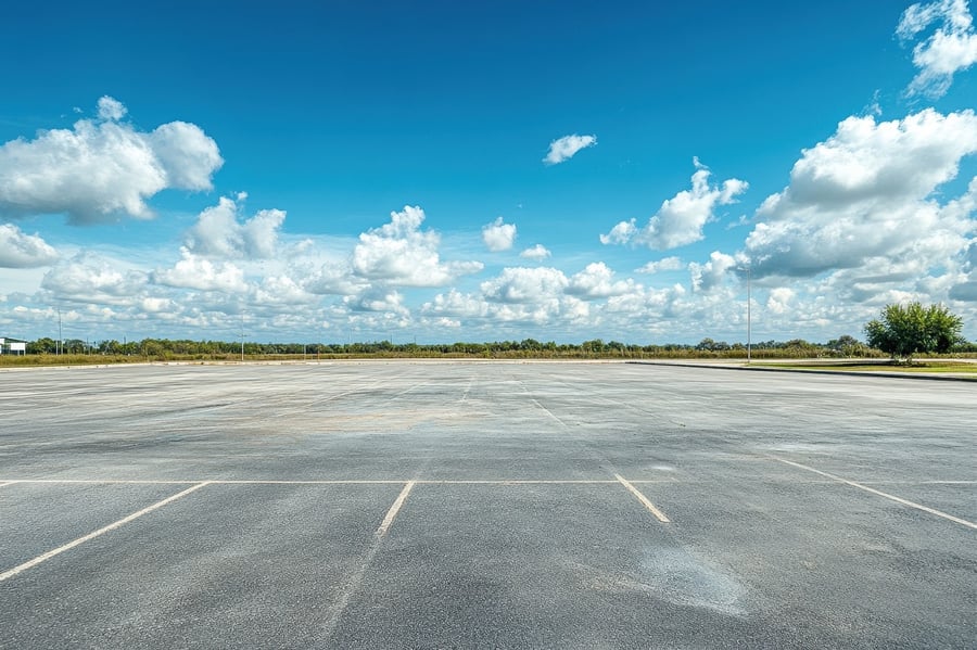 damaged asphalt parking lot in need of repairs with blue sky and clouds in background