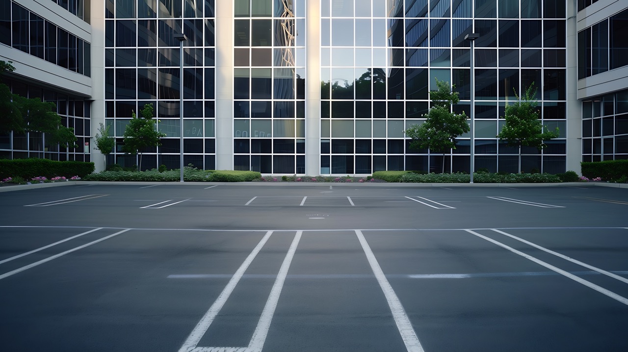 large modern office building with paved asphalt parking in front