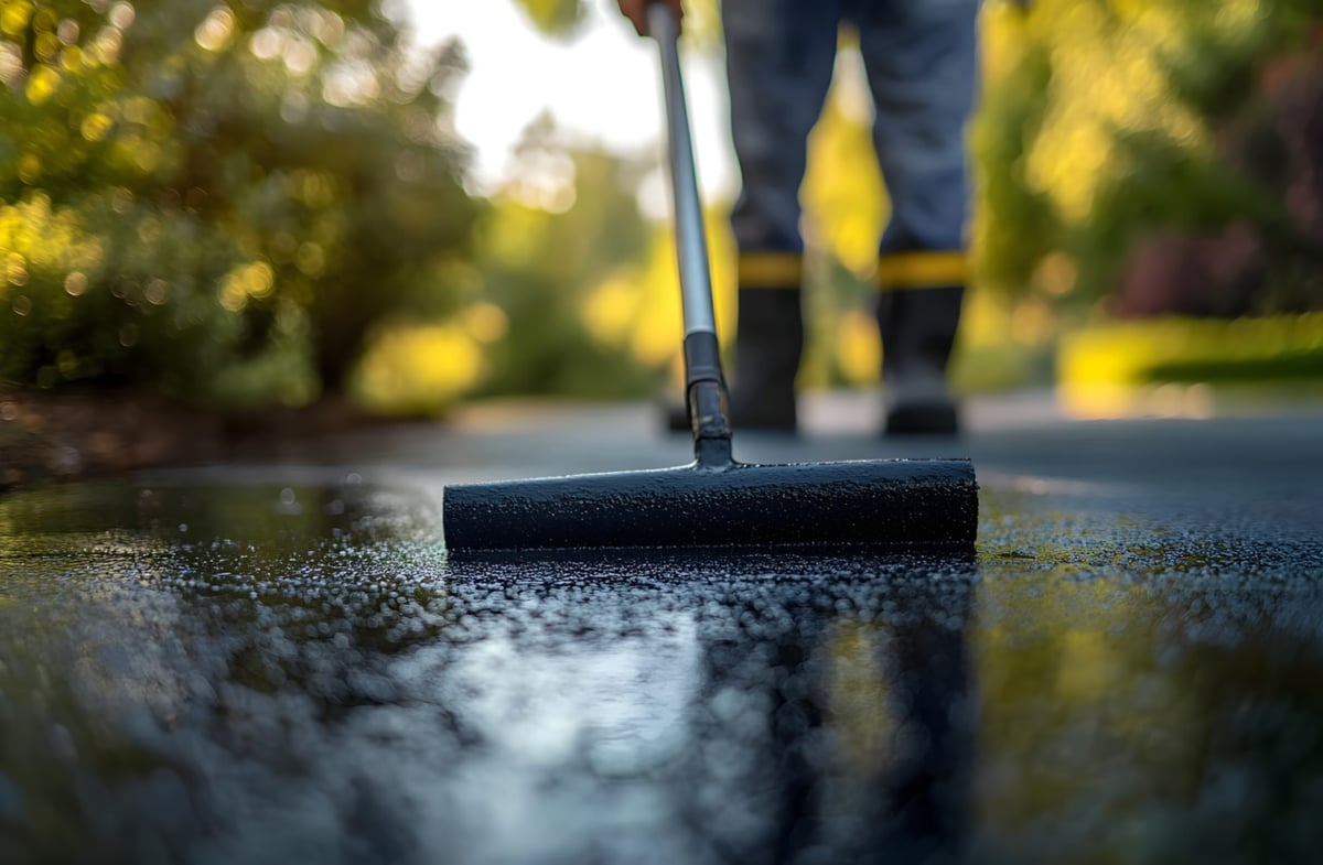 asphalt contractor applying sealcoating to pavement with squeegee applicator