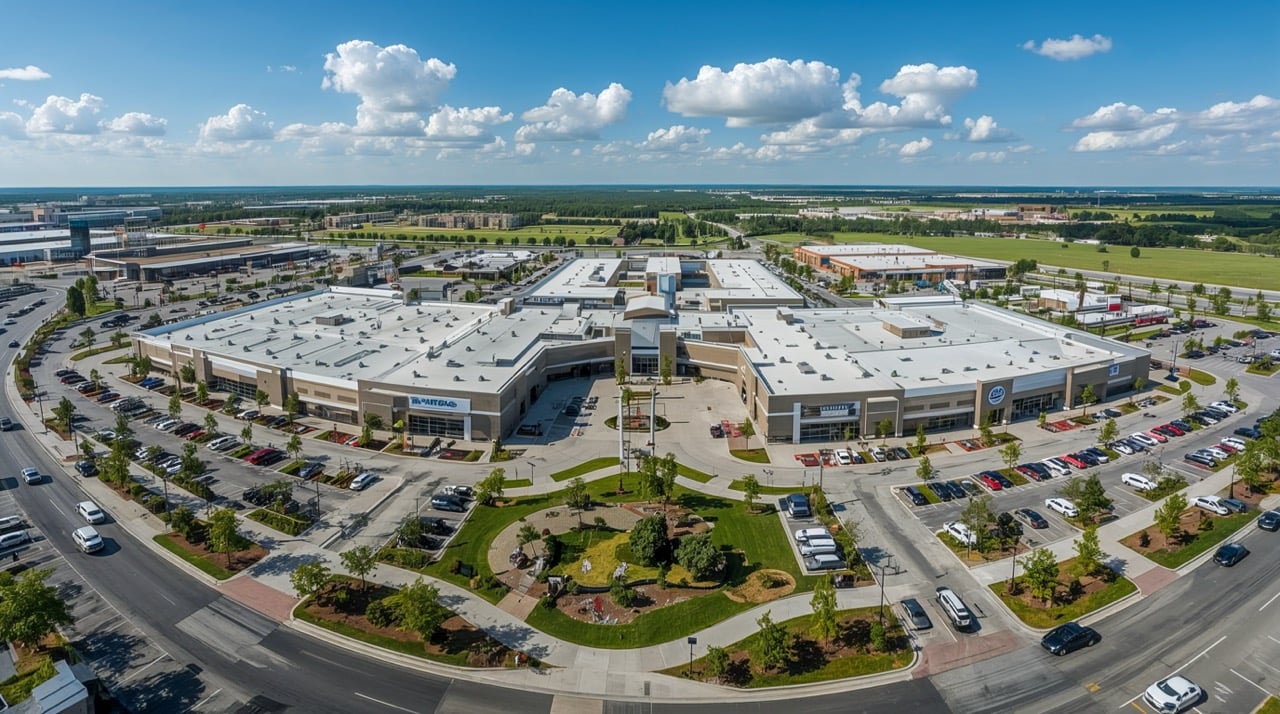 aerial view of large parking lot in front of commercial shopping center complex with cars parked and driving with blue skies and clouds in background
