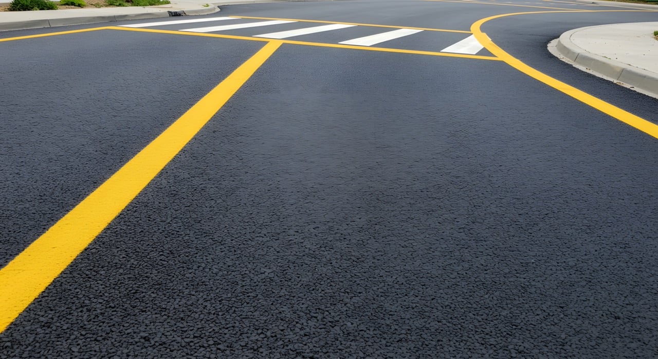 bright and visible yellow line striping and white crosswalk on commercial business frontage road