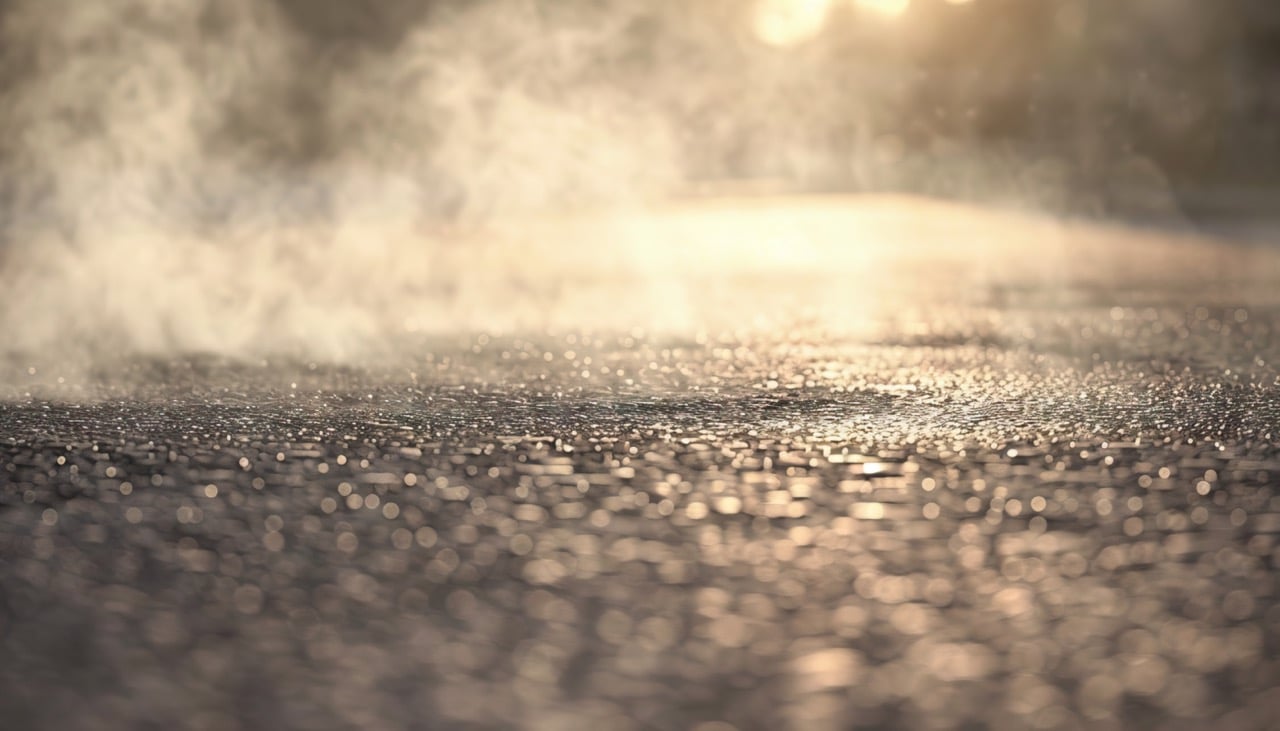 close up of hot asphalt pavement with steam rising off the surface and sunshine in the background