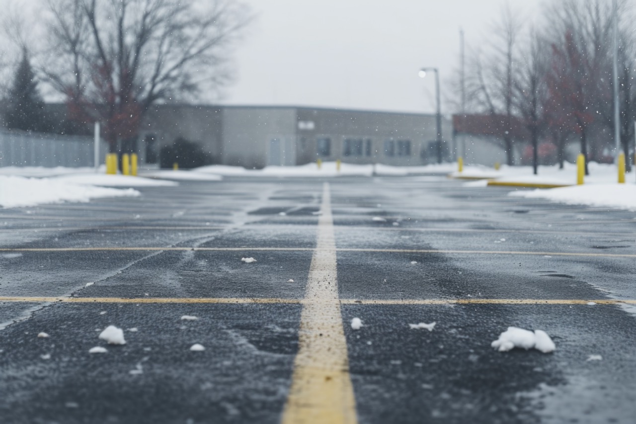 close up of line stripping on a recently snowplowed parking lot with a commercial business or facility in background with snow along the edges and flurries coming down