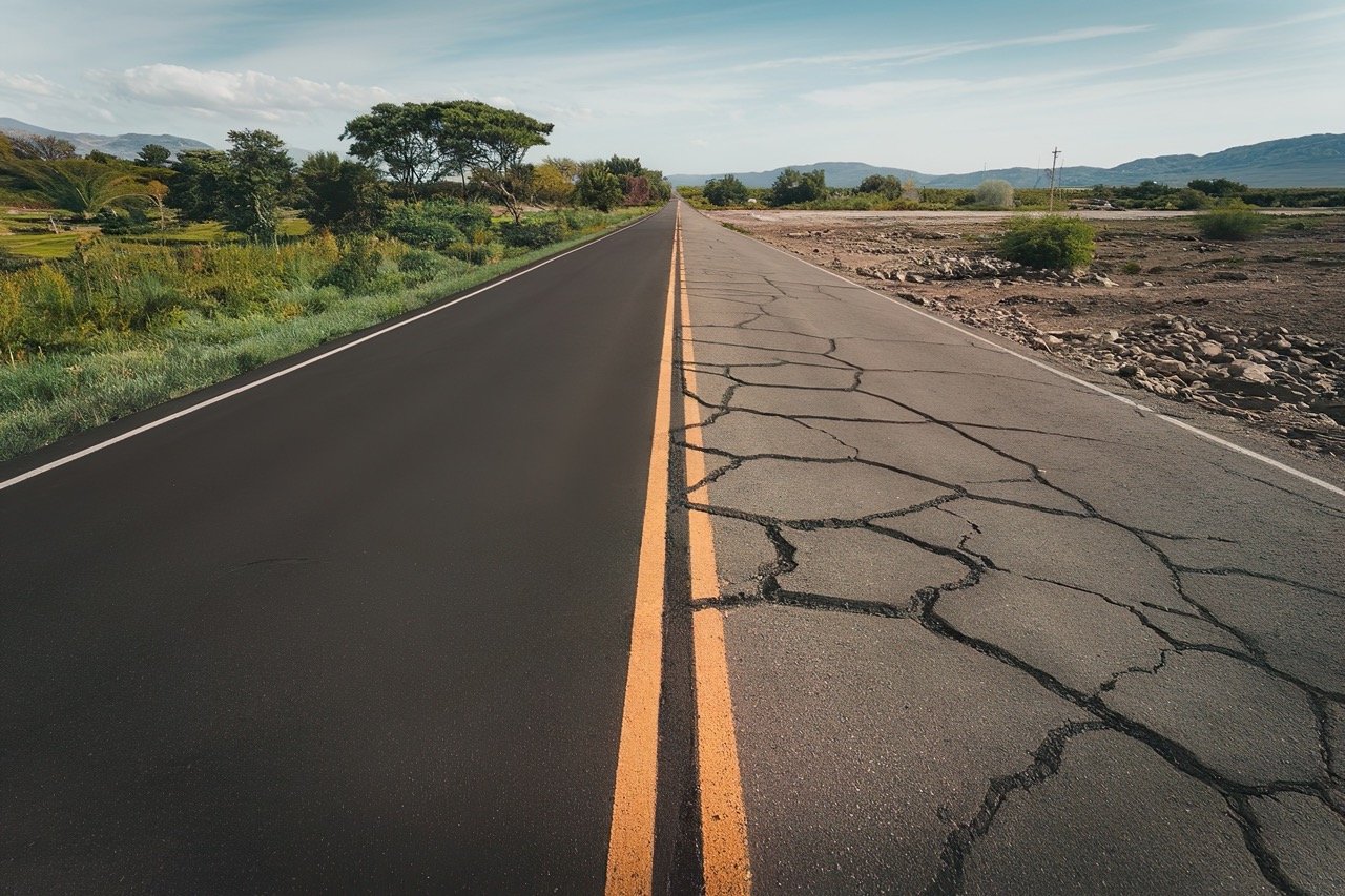long split road with new asphalt pavement on one side and old cracked pavement on opposite side
