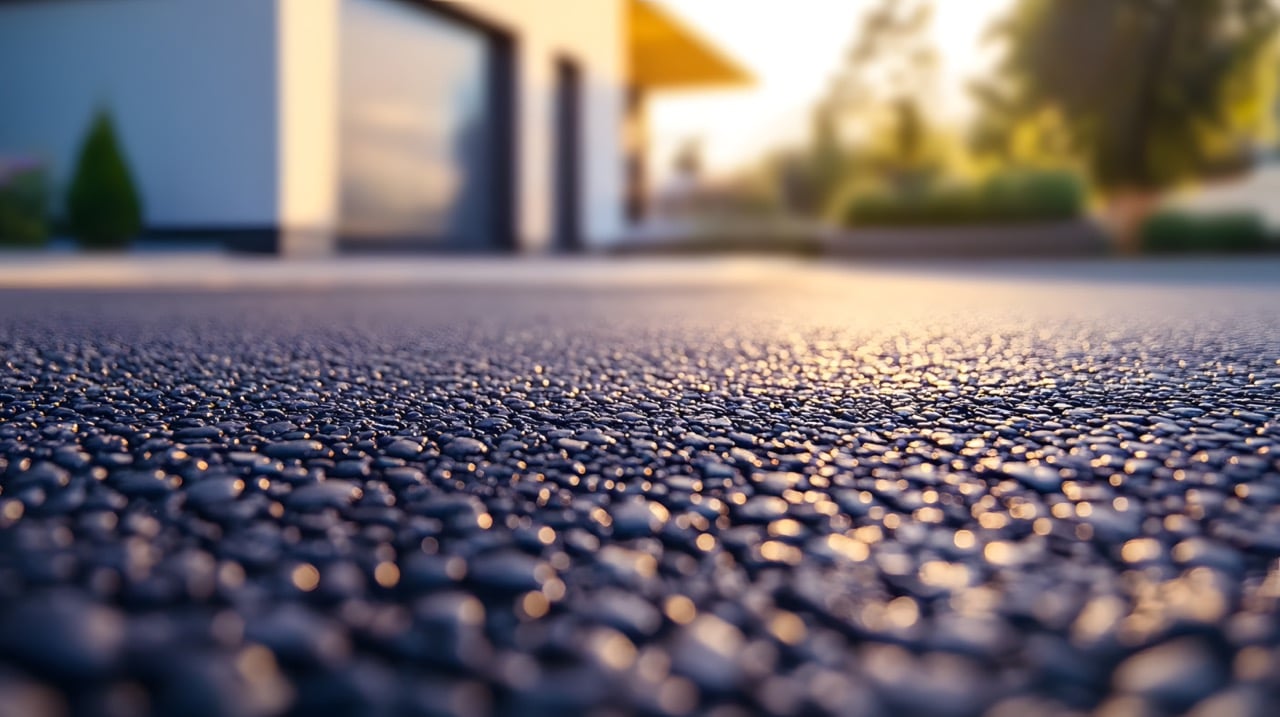 close up of small pebble stone style asphalt driveway with blurred house and sunrise in the background