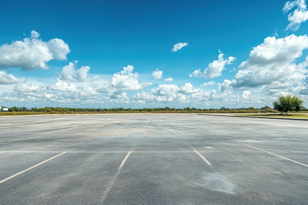 damaged asphalt parking lot in need of repairs with blue sky and clouds in background