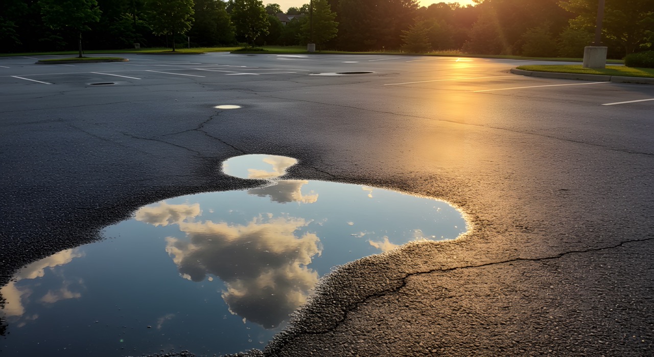 large puddles with sky and clouds reflecting in a parking lot with flooding and drainage issues