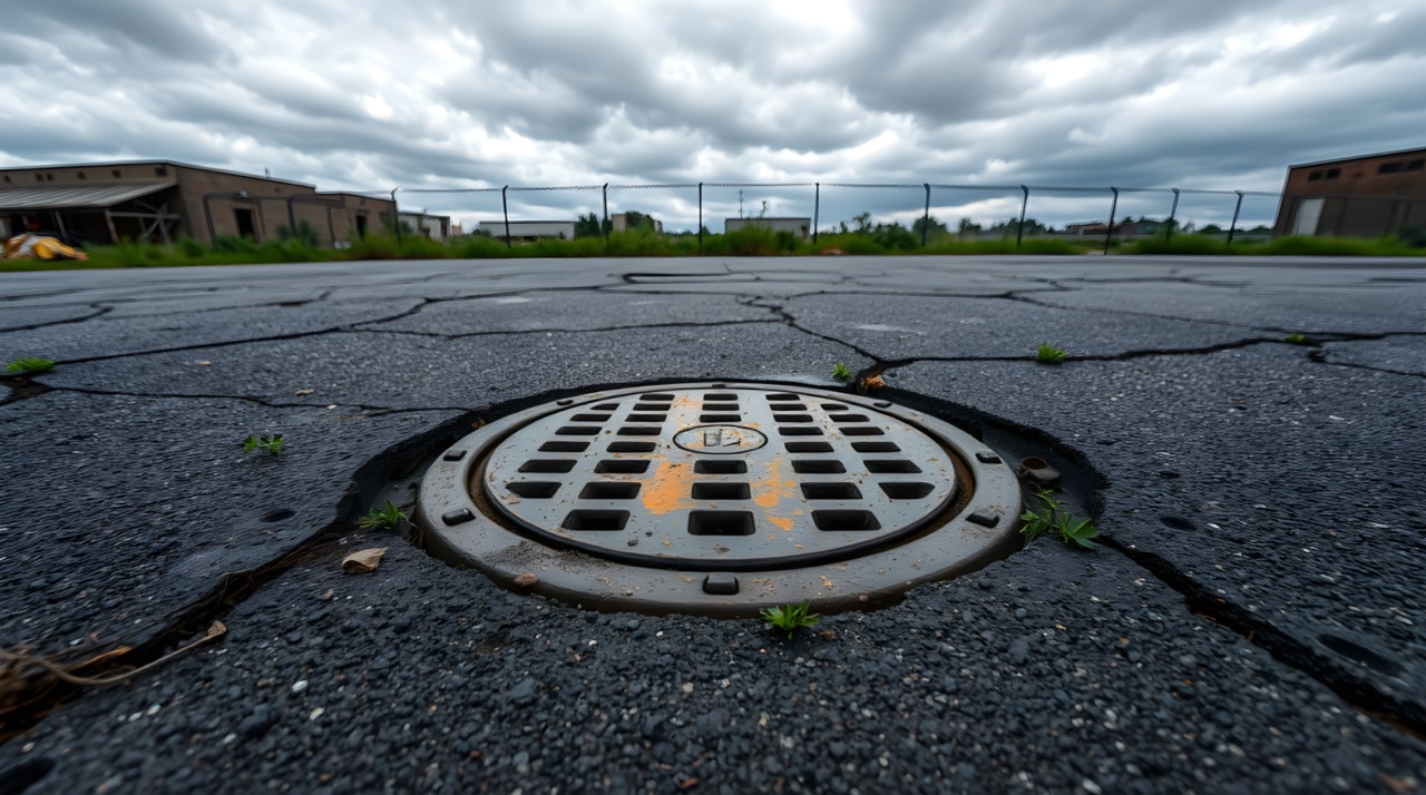 a rusty manhole cover in a cracked asphalt parking lot caused by poor drainage